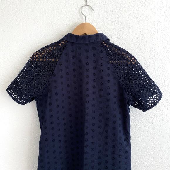 J. Crew Navy Eyelet Shirt Dress Short Sleeve Collar Button Placket Size 4 Preppy - Picture 4 of 9